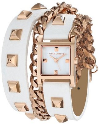Vince Camuto VC/5088RGWT Rose Gold-Tone Pyramid Studded Double-Wrap White Leather Strap