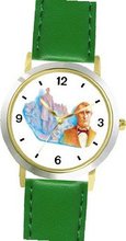 Abraham Lincoln (Honest Abe) - 16th US President - WATCHBUDDY® DELUXE TWO-TONE THEME WATCH - Arabic Numbers - Green Leather Strap-Size- Size-Small