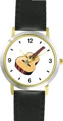 Acoustic or Acoustical Guitar - Musical Instrument Music Theme - WATCHBUDDY® DELUXE TWO-TONE THEME WATCH - Arabic Numbers - Black Leather Strap-Size-Children's Size-Small ( Boy's Size & Girl's Size )
