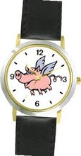 Angel Pig or Flying Pig with Wings Animal - WATCHBUDDY® DELUXE TWO-TONE THEME WATCH - Arabic Numbers - Black Leather Strap-Size- Size-Small