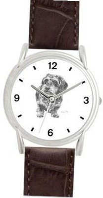 DACHSHUND WH DOG (MS) - WATCHBUDDY® DELUXE SILVER TONE WATCH - Brown Strap - Small Size (Standard Size)