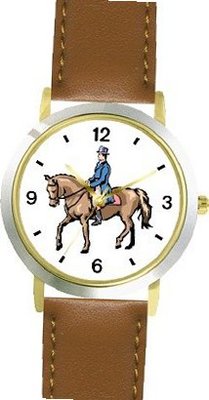 Dressage Horse and Rider Horse - WATCHBUDDY® DELUXE TWO-TONE THEME WATCH - Arabic Numbers - Brown Leather Strap- Size-Small