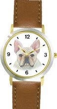 French Bulldog JP Dog - WATCHBUDDY® DELUXE TWO-TONE THEME WATCH - Arabic Numbers - Brown Leather Strap-Size-Large ( Size or Jumbo Size )