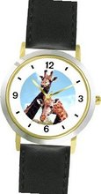 Giraffe Photo African Animal - WATCHBUDDY® DELUXE TWO-TONE THEME WATCH - Arabic Numbers - Black Leather Strap- Size-Small