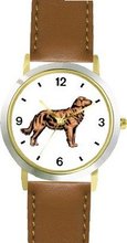 Golden Retriever Dog - WATCHBUDDY® DELUXE TWO-TONE THEME WATCH - Arabic Numbers - Brown Leather Strap- Size-Small