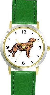 Golden Retriever Dog - WATCHBUDDY® DELUXE TWO-TONE THEME WATCH - Arabic Numbers - Green Leather Strap- Size-Small