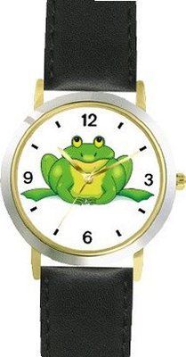 Green Frog Cartoon - JP Animal - WATCHBUDDY® DELUXE TWO-TONE THEME WATCH - Arabic Numbers - Black Leather Strap-Size- Size-Small