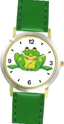 Green Frog Cartoon - JP Animal - WATCHBUDDY® DELUXE TWO-TONE THEME WATCH - Arabic Numbers - Green Leather Strap-Size-Large ( Size or Jumbo Size )