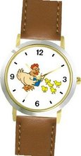 Hen and Chicks Bird Animal - WATCHBUDDY® DELUXE TWO-TONE THEME WATCH - Arabic Numbers - Brown Leather Strap-Size- Size-Small