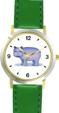 Hippopotamus (Hippo) Cartoon - JP Animal - WATCHBUDDY® DELUXE TWO-TONE THEME WATCH - Arabic Numbers - Green Leather Strap-Size-Children's Size-Small ( Boy's Size & Girl's Size )