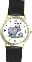 Hippopotamus (Hippo) Mother & Baby No.2 Cartoon - JP Animal - WATCHBUDDY® DELUXE TWO-TONE THEME WATCH - Arabic Numbers - Black Leather Strap-Size- Size-Small