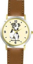 Jack Russell Terrier (MS) Dog - WATCHBUDDY® DESIGNER DELUXE TWO-TONE THEME WATCH - Arabic Numbers-SAND & SOIL STYLE - Pale Yellow Dial with Brown Leather Strap- Size-Small