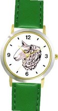 Lamb Ewe Animal - WATCHBUDDY® DELUXE TWO-TONE THEME WATCH - Arabic Numbers - Green Leather Strap-Size-Children's Size-Small ( Boy's Size & Girl's Size )