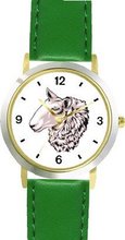 Lamb Ewe Animal - WATCHBUDDY® DELUXE TWO-TONE THEME WATCH - Arabic Numbers - Green Leather Strap-Size- Size-Small