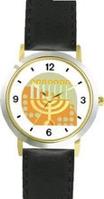 orah No.2 Judaica Jewish Theme - WATCHBUDDY® DELUXE TWO-TONE THEME WATCH - Arabic Numbers - Black Leather Strap-Size-Large ( Size or Jumbo Size )