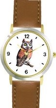 Owl (Hoot) Bird Animal - WATCHBUDDY® DELUXE TWO-TONE THEME WATCH - Arabic Numbers - Brown Leather Strap-Size- Size-Small