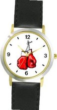 Pair of Red Boxing Gloves Hanging Martial Arts - WATCHBUDDY® DELUXE TWO-TONE THEME WATCH - Arabic Numbers - Black Leather Strap-Size-Large ( Size or Jumbo Size )