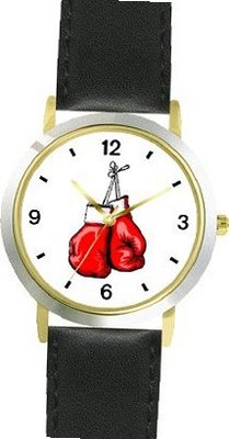 Pair of Red Boxing Gloves Hanging Martial Arts - WATCHBUDDY® DELUXE TWO-TONE THEME WATCH - Arabic Numbers - Black Leather Strap-Size-Large ( Size or Jumbo Size )