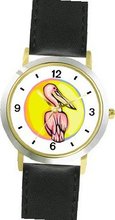 Pelican No.2 - Bird Animal - WATCHBUDDY® DELUXE TWO-TONE THEME WATCH - Arabic Numbers - Black Leather Strap-Size-Large ( Size or Jumbo Size )