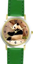 Photo Giant Panda or Panda Bear Animal - WATCHBUDDY® DELUXE TWO-TONE THEME WATCH - Arabic Numbers - Green Leather Strap-Children's Size-Small ( Boy's Size & Girl's Size )