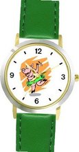 Pig Dancing in Heels WATCHBUDDY® DELUXE TWO-TONE THEME WATCH - Arabic Numbers - Green Leather Strap-Children's Size-Small ( Boy's Size & Girl's Size )