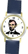 President Abraham Lincoln American Theme - WATCHBUDDY® DELUXE TWO-TONE THEME WATCH - Arabic Numbers - Blue Leather Strap- Size-Small