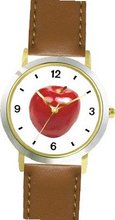 Red Apple 4 - WATCHBUDDY® DELUXE TWO-TONE THEME WATCH - Arabic Numbers - Brown Leather Strap-Size-Large ( Size or Jumbo Size )