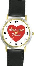Red Heart - World's Best Friend - Love & Friendship Theme - WATCHBUDDY® DELUXE TWO-TONE THEME WATCH - Arabic Numbers - Black Leather Strap-Size-Large ( Size or Jumbo Size )