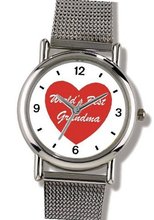 Red Heart - World's Best Grandma - Love & Friendship Theme - WATCHBUDDY® ELITE Chrome-Plated Metal Alloy with Metal Mesh Strap-Size-Large ( Size or Jumbo Size )