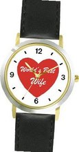 Red Heart - World's Best Wife - Love & Friendship Theme - WATCHBUDDY® DELUXE TWO-TONE THEME WATCH - Arabic Numbers - Black Leather Strap-Size-Large ( Size or Jumbo Size )