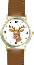 Red Nose Reindeer or Deer (Rudolf or Rudolph) - Christmas Theme - JP - WATCHBUDDY® DELUXE TWO-TONE THEME WATCH - Arabic Numbers - Brown Leather Strap-Size-Children's Size-Small ( Boy's Size & Girl's Size )