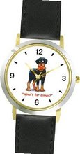 Rottweiler Dog Cartoon or Comic - JP Animal - WATCHBUDDY® DELUXE TWO-TONE THEME WATCH - Arabic Numbers - Black Leather Strap-Size-Large ( Size or Jumbo Size )
