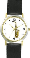 Saxophone Musical Instrument - Music Theme - WATCHBUDDY® DELUXE TWO-TONE THEME WATCH - Arabic Numbers - Black Leather Strap-Size-Large ( Size or Jumbo Size )