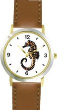 Sea Horse or Seahorse No.2 Animal - WATCHBUDDY® DELUXE TWO-TONE THEME WATCH - Arabic Numbers - Brown Leather Strap-Size- Size-Small