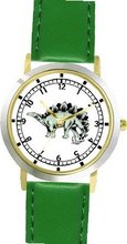 Stegosaurus Dinosaur Animal - WATCHBUDDY® DELUXE TWO-TONE THEME WATCH - Arabic Numbers - Green Leather Strap- Size-Small