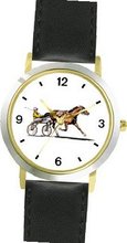 Sulky Horse or Standardbred Racehorse Horse - WATCHBUDDY® DELUXE TWO-TONE THEME WATCH - Arabic Numbers - Black Leather Strap-Size-Large ( Size or Jumbo Size )