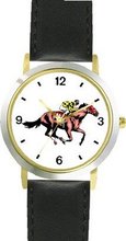 Thoroughbred Racehorse and Jockey Horse - WATCHBUDDY® DELUXE TWO-TONE THEME WATCH - Arabic Numbers - Black Leather Strap-Size-Large ( Size or Jumbo Size )