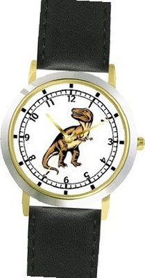Tyrannosaurus Rex - T Rex - Full Body Dinosaur Animal - WATCHBUDDY® DELUXE TWO-TONE THEME WATCH - Arabic Numbers - Black Leather Strap-Children's Size-Small ( Boy's Size & Girl's Size )