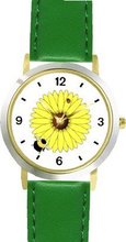 uWatchBuddy Bee & Ladybug or Lady Bug on Black Eyed Susan Flower - Bee or Bumblebee - JP - WATCHBUDDY® DELUXE TWO-TONE THEME WATCH - Arabic Numbers - Green Leather Strap-Size- Size-Small 
