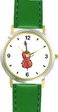 uWatchBuddy Cello Musical Instrument - Music Theme - WATCHBUDDY® DELUXE TWO-TONE THEME WATCH - Arabic Numbers - Green Leather Strap-Size-Children's Size-Small ( Boy's Size & Girl's Size ) 