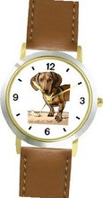 uWatchBuddy Dachshund (Shorthaired) Dog - WATCHBUDDY® DELUXE TWO-TONE THEME WATCH - Arabic Numbers - Brown Leather Strap-Size-Large ( Size or Jumbo Size ) 
