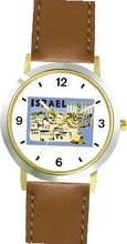 uWatchBuddy Israel Poster - Jerusalem & orrah Judaica Jewish Theme - WATCHBUDDY® DELUXE TWO-TONE THEME WATCH - Arabic Numbers - Brown Leather Strap- Size-Small 