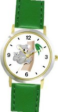 uWatchBuddy Mother Koala Bear with Baby on Tree - JP - WATCHBUDDY® DELUXE TWO-TONE THEME WATCH - Arabic Numbers - Green Leather Strap-Size- Size-Small 