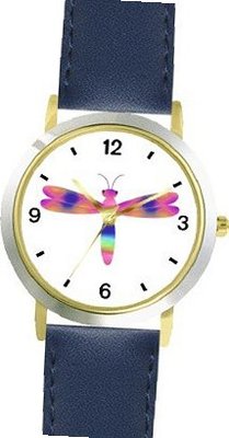 uWatchBuddy Multicolored No.2 Dragonfly or Dragon Fly - JP - WATCHBUDDY® DELUXE TWO-TONE THEME WATCH - Arabic Numbers - Blue Leather Strap-Size- Size-Small 