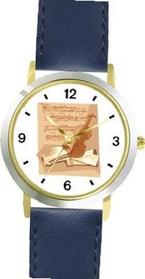 Violin with Mozart Music Composition - Musical Instrument - Music Theme - WATCHBUDDY® DELUXE TWO-TONE THEME WATCH - Arabic Numbers - Blue Leather Strap-Size- Size-Small