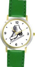 White Figure Skates Ice Skating Theme Ice Skating - WATCHBUDDY® DELUXE TWO-TONE THEME WATCH - Arabic Numbers - Green Leather Strap-Children's Size-Small ( Boy's Size & Girl's Size )