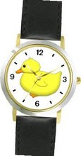 Yellow Duck or Ducky - Bird - JP - WATCHBUDDY® DELUXE TWO-TONE THEME WATCH - Arabic Numbers - Black Leather Strap-Size-Large ( Size or Jumbo Size )