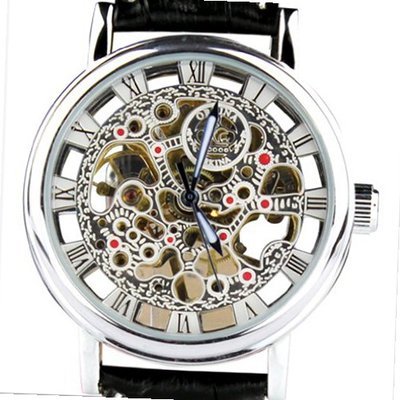 Orkina Silver Case Hollow Mechanical Skeleton Dial Leather Strap Wrist