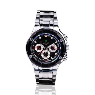 Weide 6 Hands Chronograph Black Dial Stainless Steel Swiss Quartz Fashion WH1003