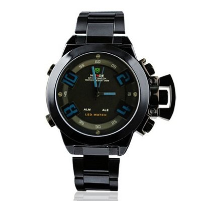 Weide Alarm Dual Time Display Black Dial Blue Letters Stainless Steel LED WH1008-BLU